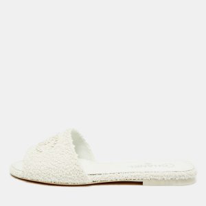 Chanel Interlocking CC Size 41 White Fabric Flat Slides, Sandals - Luxury Closet