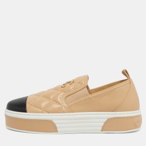 Chanel CC Size 35 Beige/Black Leather Slip On Sneakers, Athletic Shoes & Sneakers - Luxury Closet