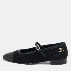 Chanel Mary Jane Size 38.5 Black Suede and Patent Leather Ballet Flats, Flats - Luxury Closet