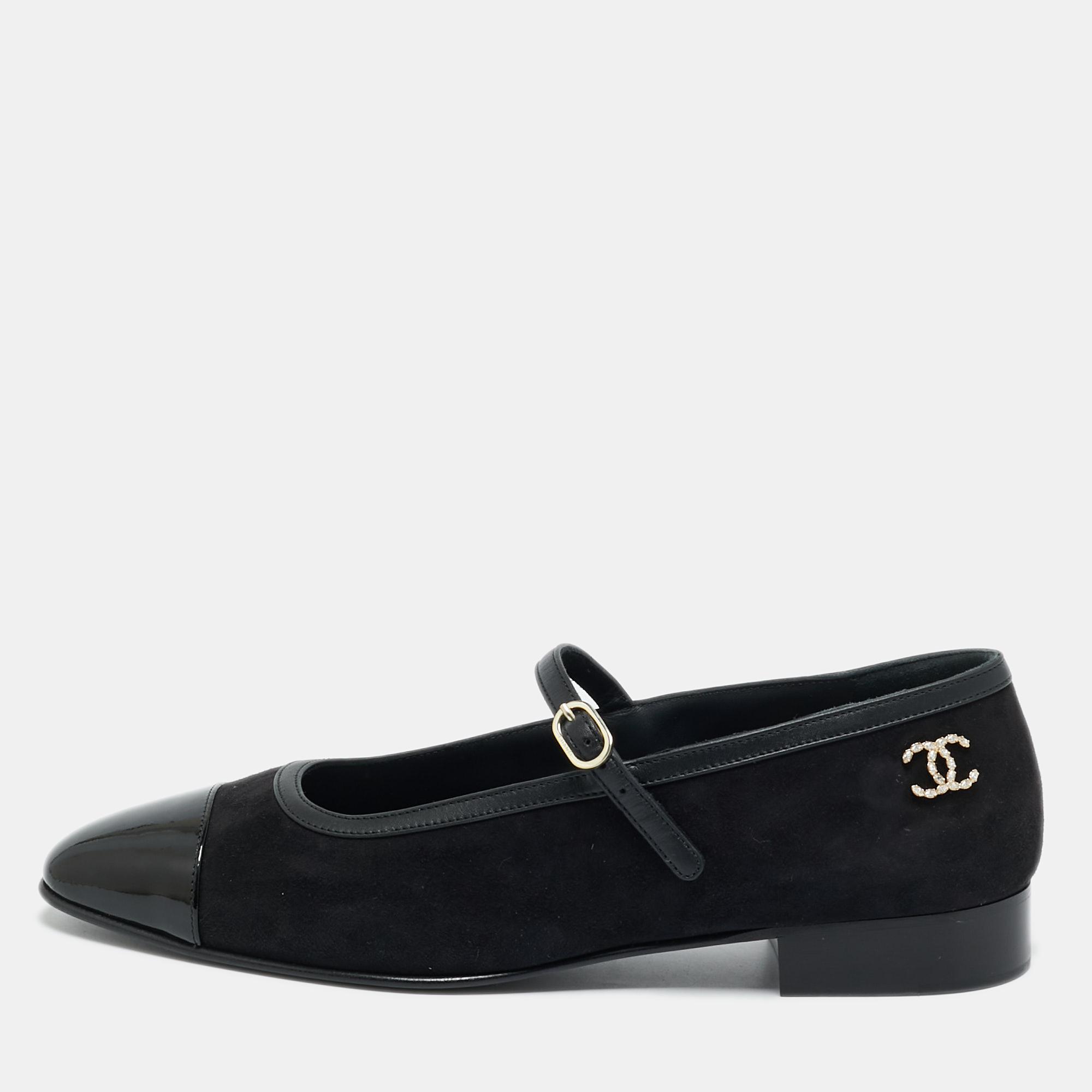 Chanel Mary Jane Size 38.5 Black Suede and Patent Leather Ballet Flats, Flats - Luxury Closet