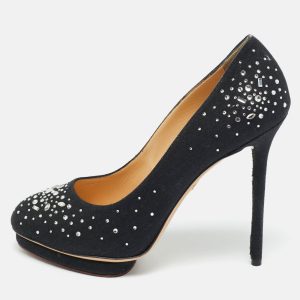 Charlotte Olympia Black Canvas Crystal Embellished Dotty Platform Pumps Size 41, Pumps - Luxury Closet