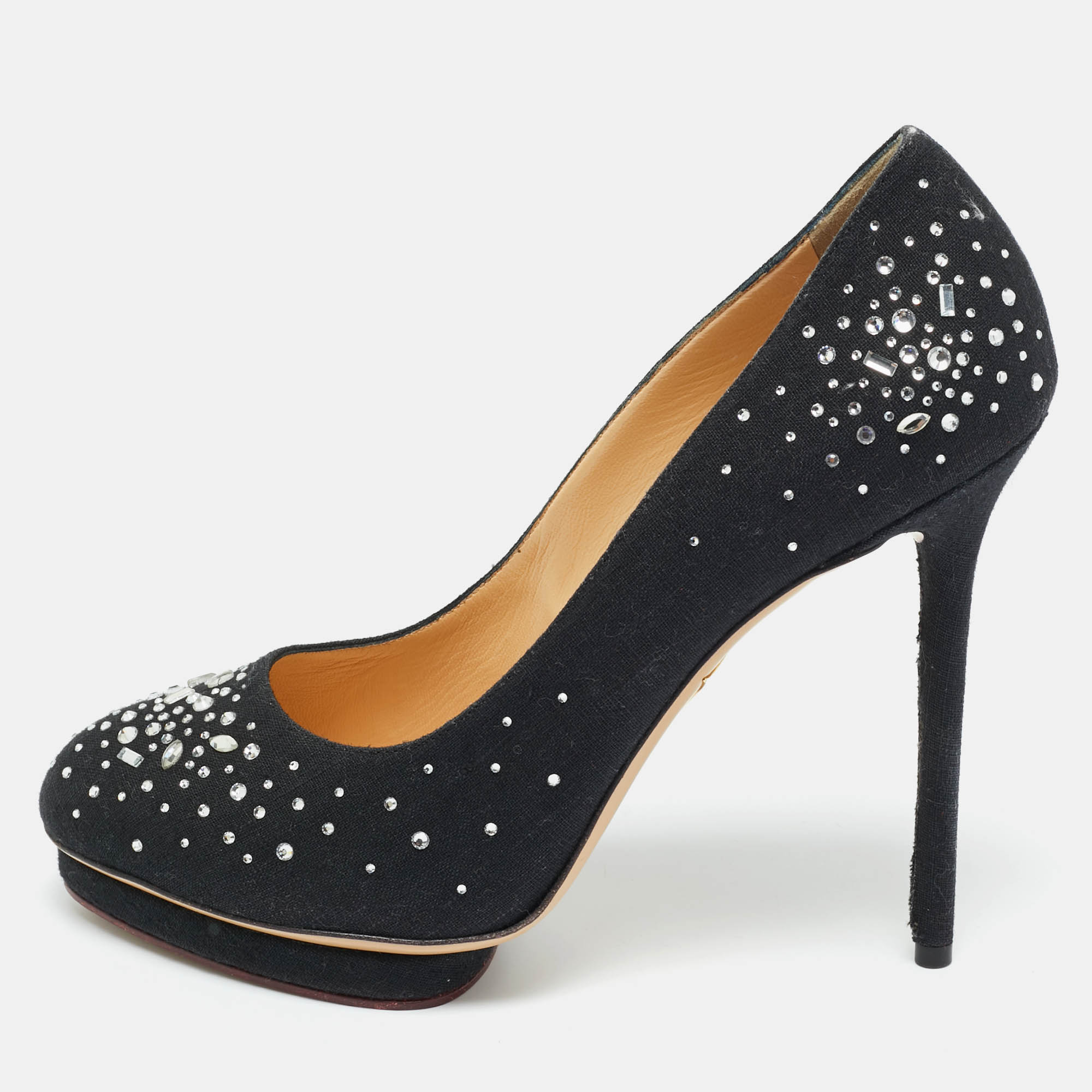 Charlotte Olympia Black Canvas Crystal Embellished Dotty Platform Pumps Size 41, Pumps - Luxury Closet