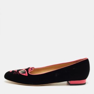 Charlotte Olympia Black/Pink Velvet Kitty Ballet Flats Size 40, Flats - Luxury Closet
