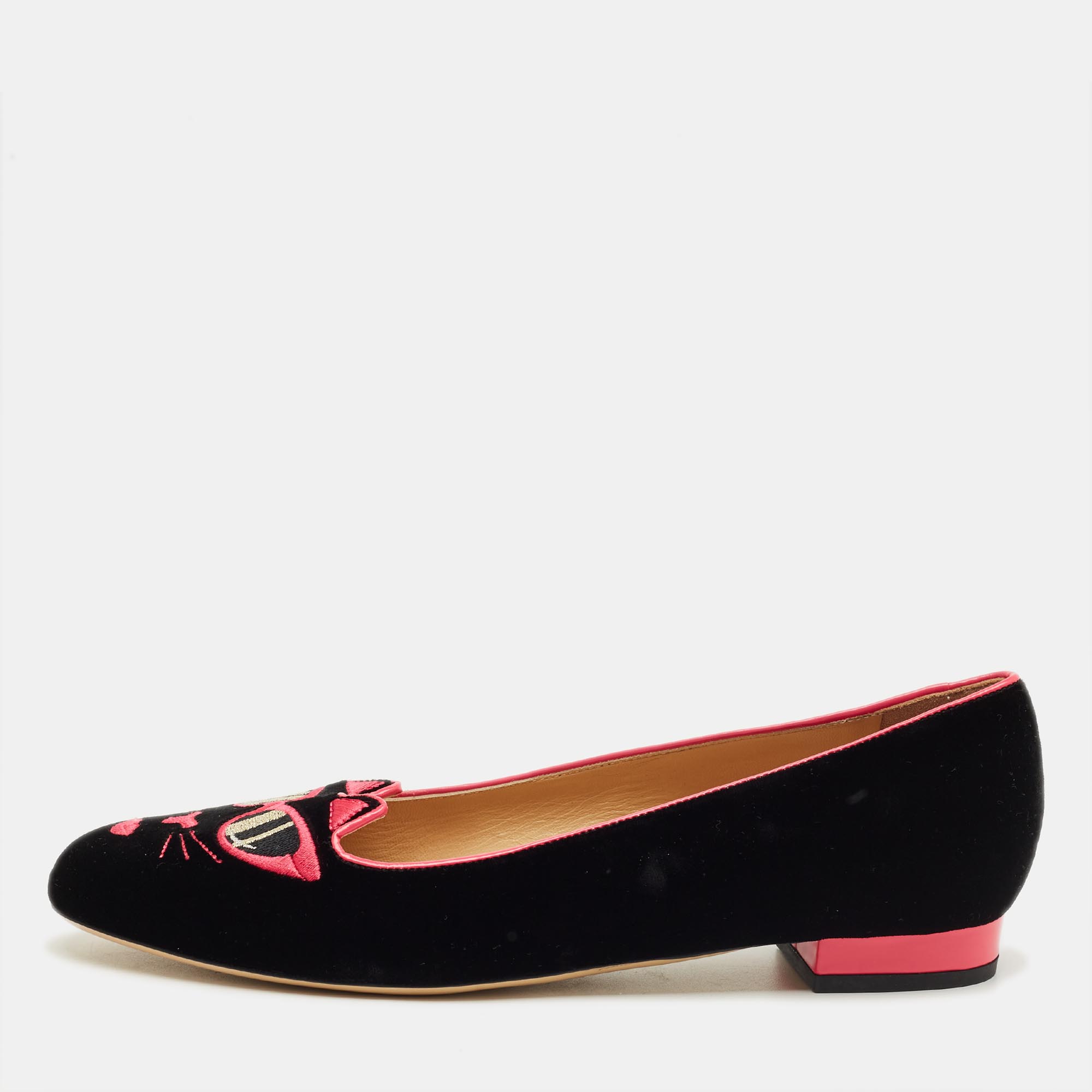 Charlotte Olympia Black/Pink Velvet Kitty Ballet Flats Size 40, Flats - Luxury Closet