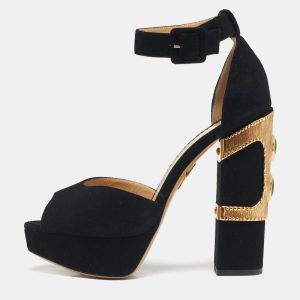 Charlotte Olympia Size 38 Black Suede Embellished Ankle Strap Platform Sandals, Sandals - Luxury Closet