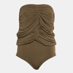 Chat's by C.Dam Brown Jersey Ruche Bodysuit S, Shirts & Tops - Luxury Closet