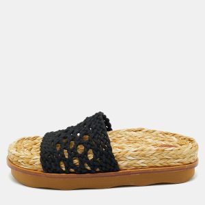 Chloe Black Woven Crochet Wavy Flat Slides Size 37, Flats - Luxury Closet