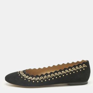 Chloe Black Suede Studded Scalloped Ballet Flats Size 38.5, Flats - Luxury Closet