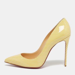 Christian Louboutin Yellow/White Stripes Patent Leather Pigalle Follies Pumps Size 40.5, Pumps - Luxury Closet