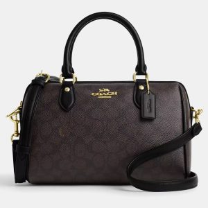 Coach Rowan Signature Canvas Walnut, Black Leather Satchel Bag, Satchels - Luxury Closet