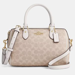 Coach Rowan Signature Canvas Chalk Leather Satchel Bag, Satchels - Luxury Closet