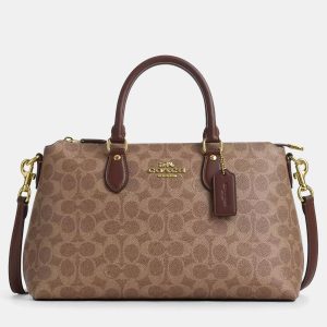 Coach Georgia Signature Canvas Tan Leather Satchel Bag, Satchels - Luxury Closet
