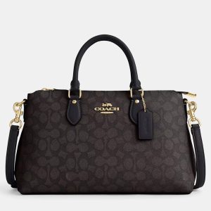 Coach Georgia Signature Canvas Black Leather Satchel Bag, Satchels - Luxury Closet