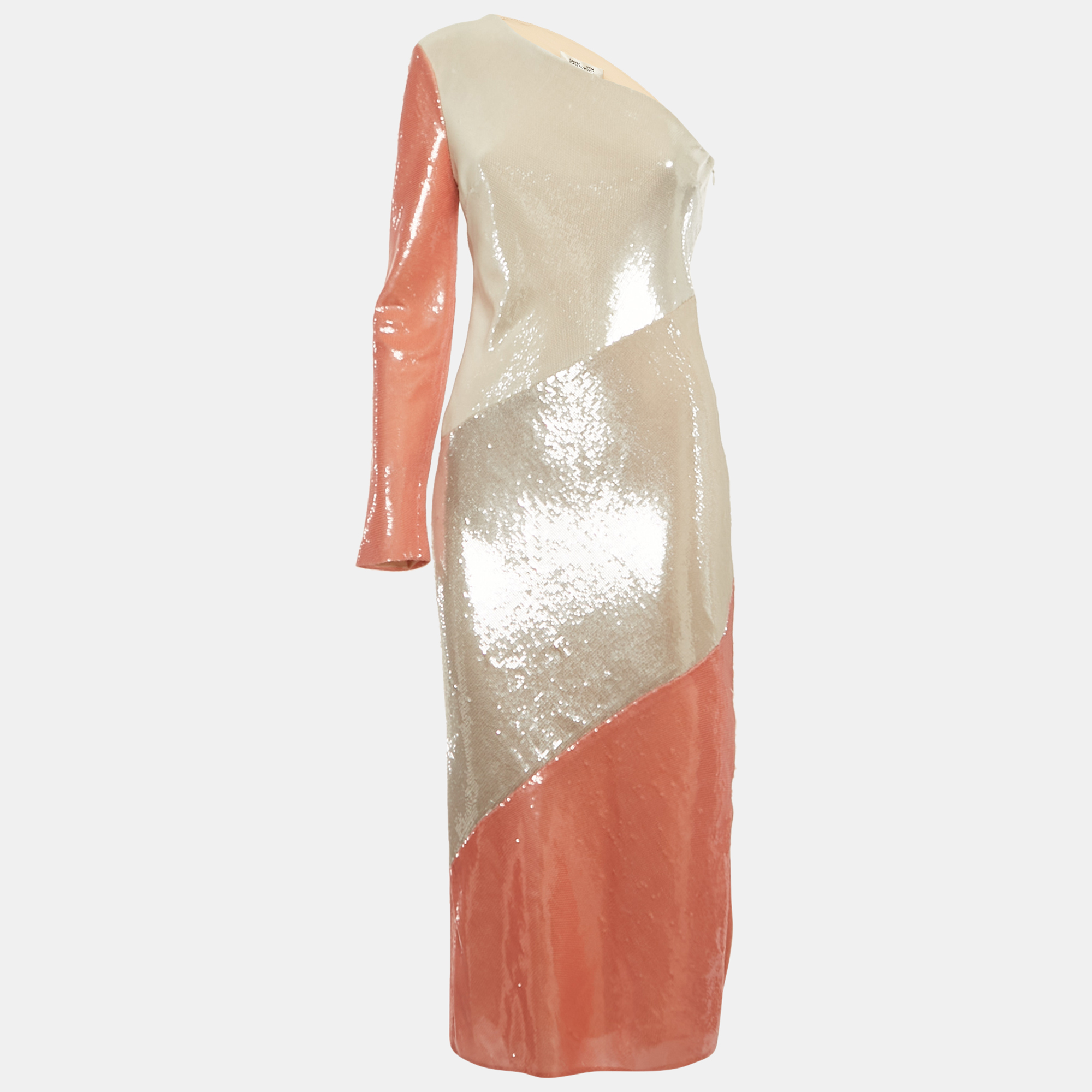 Diane Von Furstenberg Champagne/Pink Paneled One Shoulder Dress S, Dresses - Luxury Closet