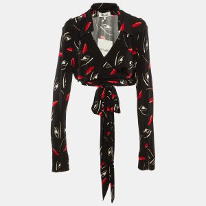 Diane Von Furstenberg Black Floating Face Print Jersey Wrap Around Bobbie Top XL, Shirts & Tops - Luxury Closet