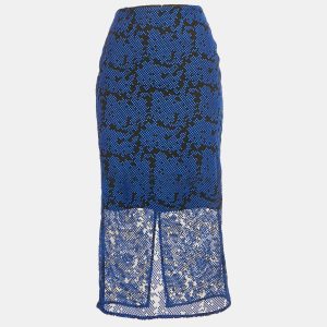 Diane Von Furstenberg Black /Blue Embroidered Mesh Overlay Tailored Pencil Skirt XS, Skirts - Luxury Closet