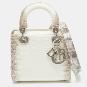 Dior White/Brown Himalayan Crocodile Small Lady Dior Tote, Tote Handbags - Luxury Closet