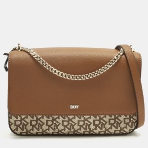 DKNY Bryant Park Medium Brown/Beige Signature Faux Leather Flap Shoulder Bag, Shoulder Bags - Luxury Closet