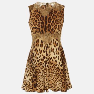 Dolce & Gabbana Brown Leopard Print Silk Lace Trim Mini Dress S, Dresses - Luxury Closet