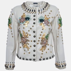 Dolce & Gabbana Beige Crystal Embellished Leather Jacket S, Coats & Jackets - Luxury Closet