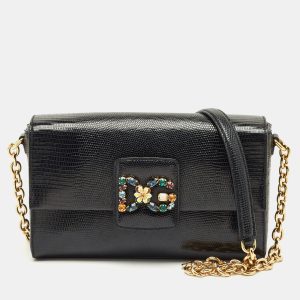 Dolce & Gabbana Black Lizard Embossed Leather DG Millennials Shoulder Bag, Shoulder Bags - Luxury Closet