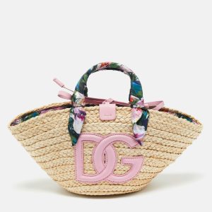 Dolce & Gabbana Pink/Natural Raffia Small Kendra Shopper Tote, Tote Handbags - Luxury Closet