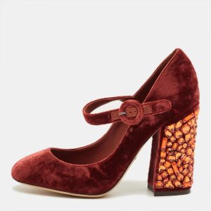 Dolce & Gabbana Burgundy Velvet Crystal Embellish Block Heel Pumps Size 36.5, Pumps - Luxury Closet