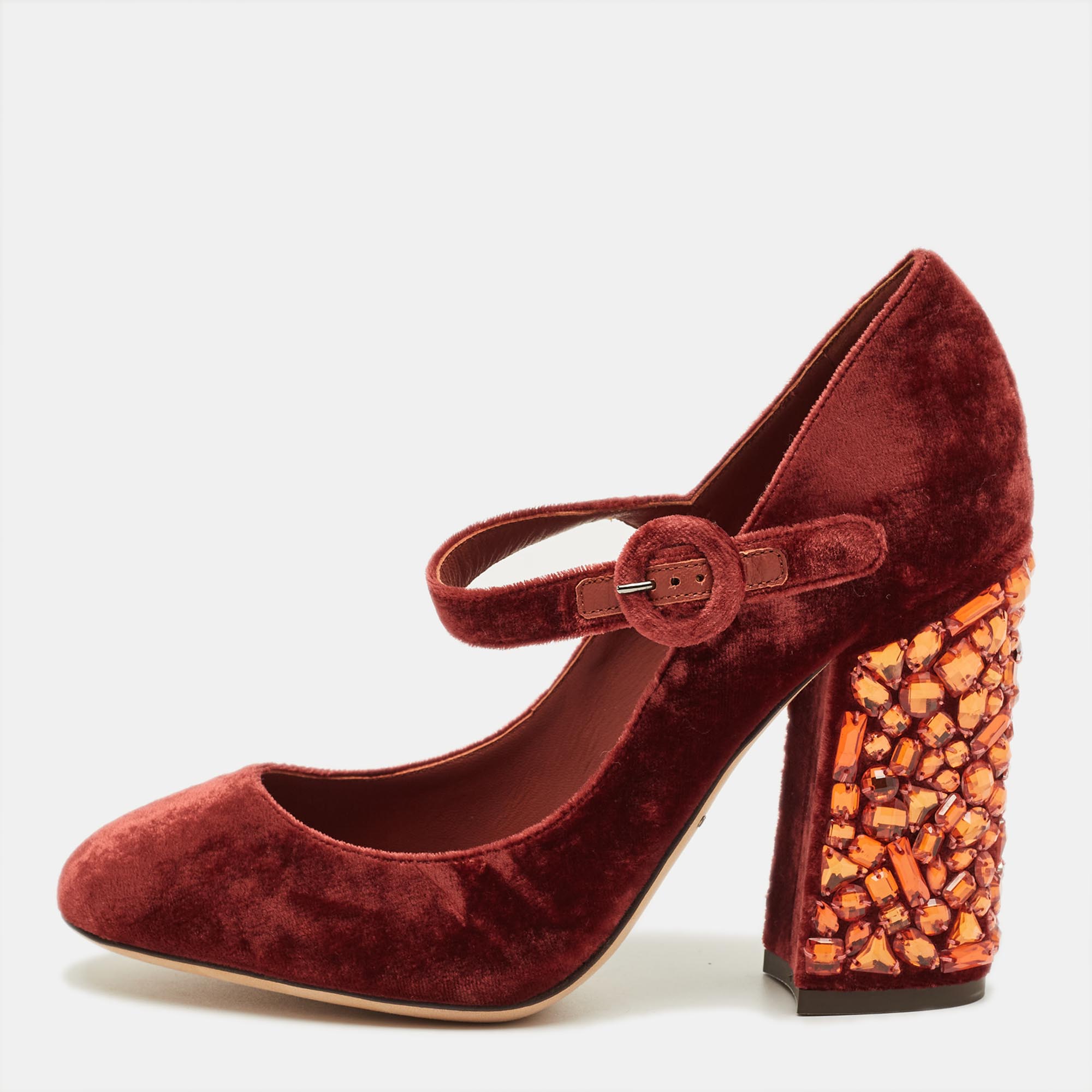 Dolce & Gabbana Burgundy Velvet Crystal Embellish Block Heel Pumps Size 36.5, Pumps - Luxury Closet