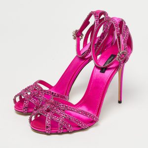 Dolce & Gabbana Pink Satin Crystal Embellished Ankle Strap Sandals Size 40, Sandals - Luxury Closet