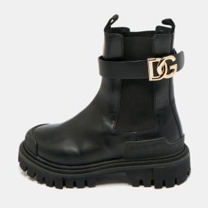 Dolce & Gabbana Black Leather DG Logo Combat Boots Size 37, Boots - Luxury Closet