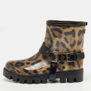 Dolce & Gabbana Brown/Black Leopard Print Rubber Ankle Rain Boots Size 40, Boots - Luxury Closet