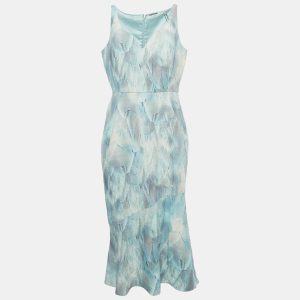 Elie Tahari Blue Printed Crepe Sleeveless Yirma Midi Dress L, Dresses - Luxury Closet