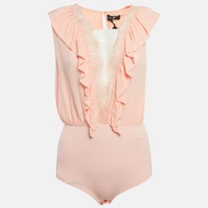 Elisabetta Franchi Orange/Peach Silk Lace Trimmed Bodysuit Top M, Shirts & Tops - Luxury Closet