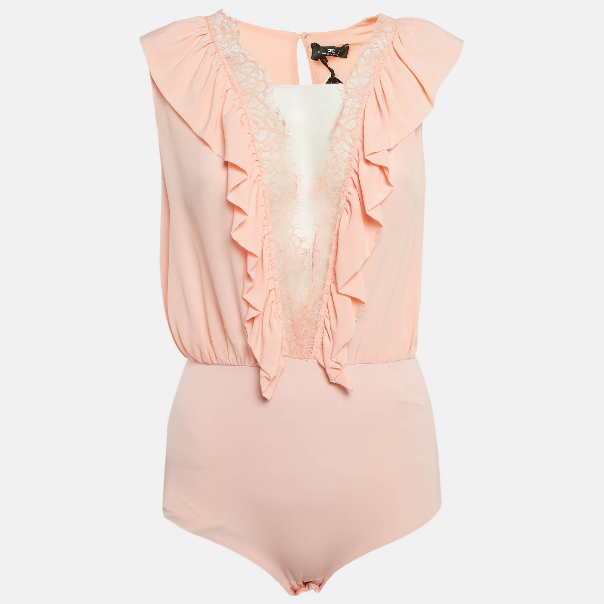 Elisabetta Franchi Orange/Peach Silk Lace Trimmed Bodysuit Top M, Shirts & Tops - Luxury Closet