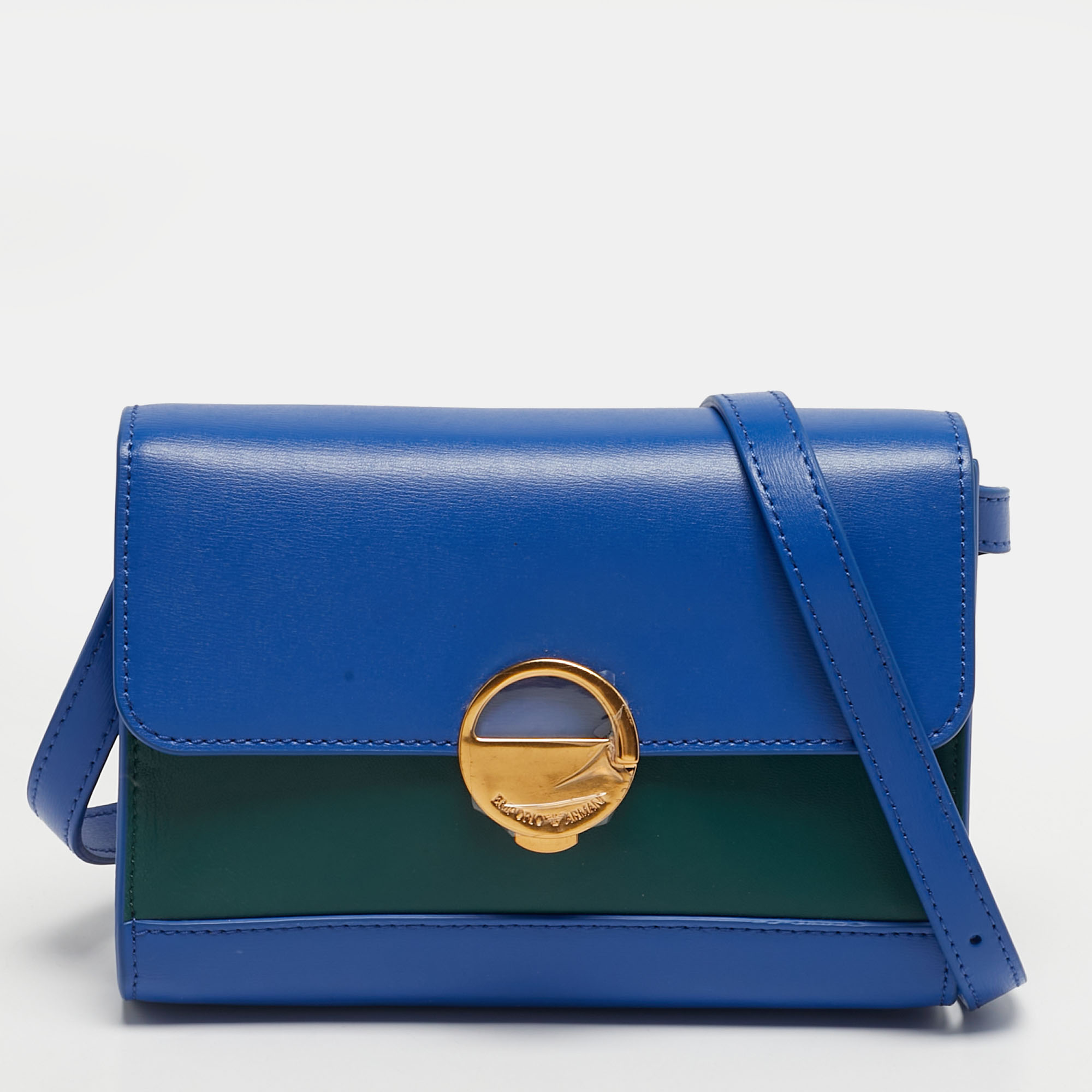 Emporio Armani Blue/Green Leather Metal Clasp Flap Crossbody Bag, Handbags - Luxury Closet