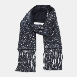 Fendi Navy Blue Printed Satin Muffler, Scarves & Shawls - Luxury Closet