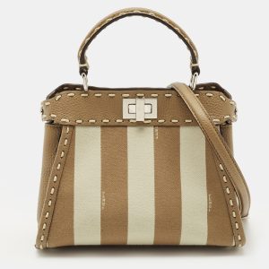 Fendi Brown Marco Stitch Selleria Leather Pequin Fabric Mini Peekaboo Top Handle Bag, Satchels - Luxury Closet