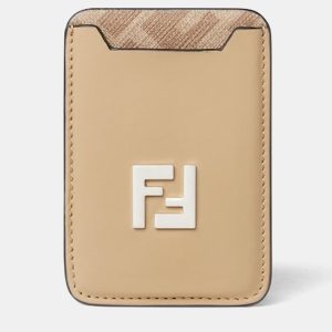 Fendi FF Squared MagSafe Beige Leather Caldholder, Wallets & Money Clips - Luxury Closet