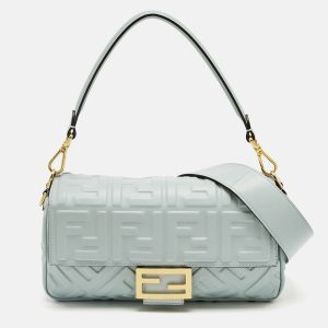 Fendi Light Blue Zucca Embossed Leather Medium Baguette Bag, Shoulder Bags - Luxury Closet