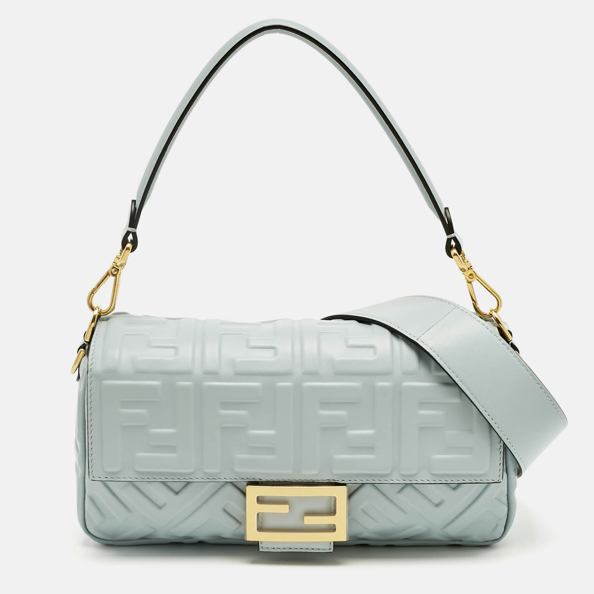 Fendi Light Blue Zucca Embossed Leather Medium Baguette Bag, Shoulder Bags - Luxury Closet