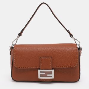 Fendi Brown Leather Metal Stitch Baguette Bag, Shoulder Bags - Luxury Closet