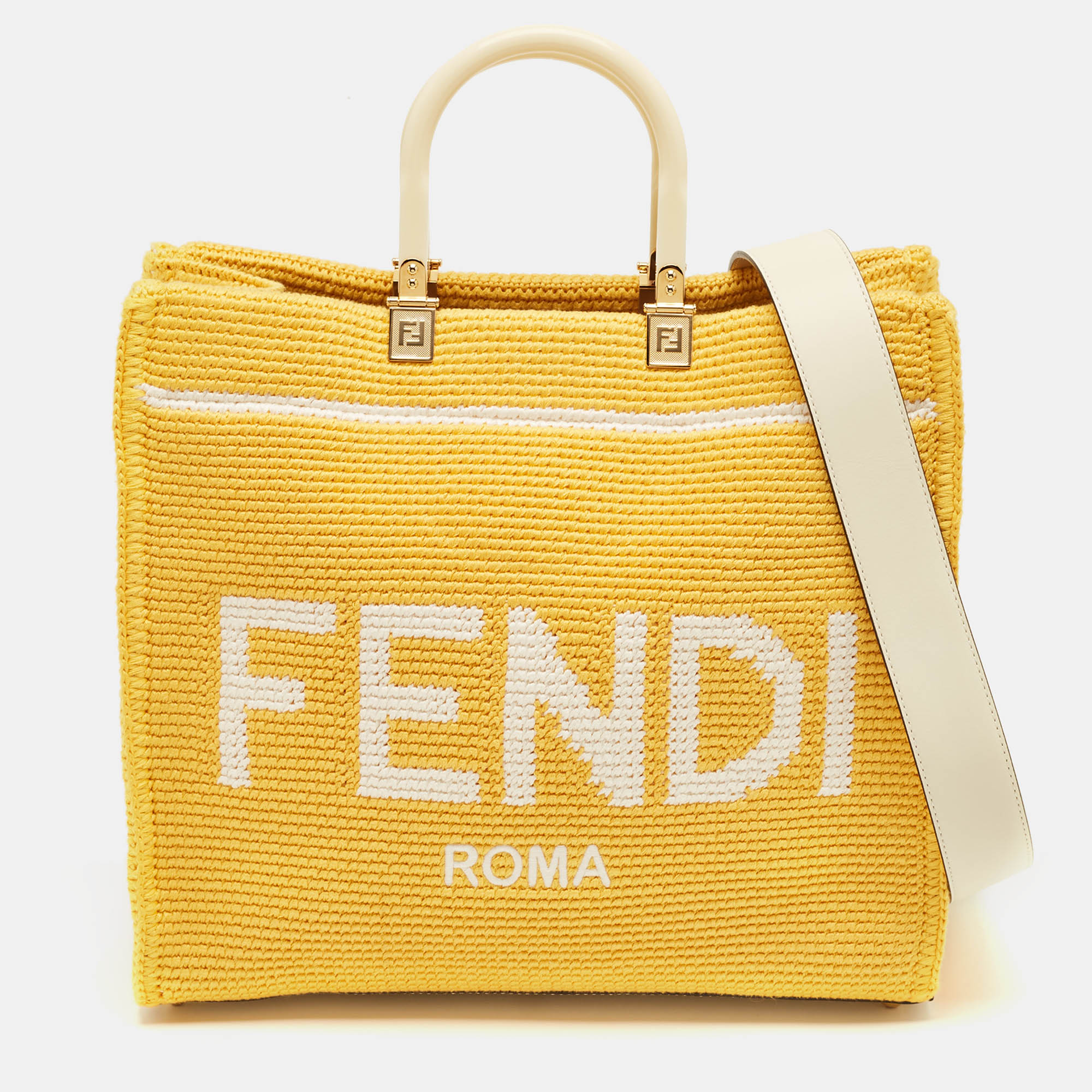 Fendi Yellow/White Crochet Fabric Medium Sunshine Shopper Tote, Tote Handbags - Luxury Closet