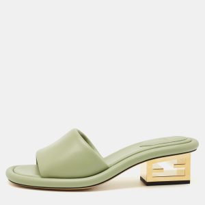 Fendi Green Leather Baguette Heel Slide Sandals Size 38.5, Sandals - Luxury Closet