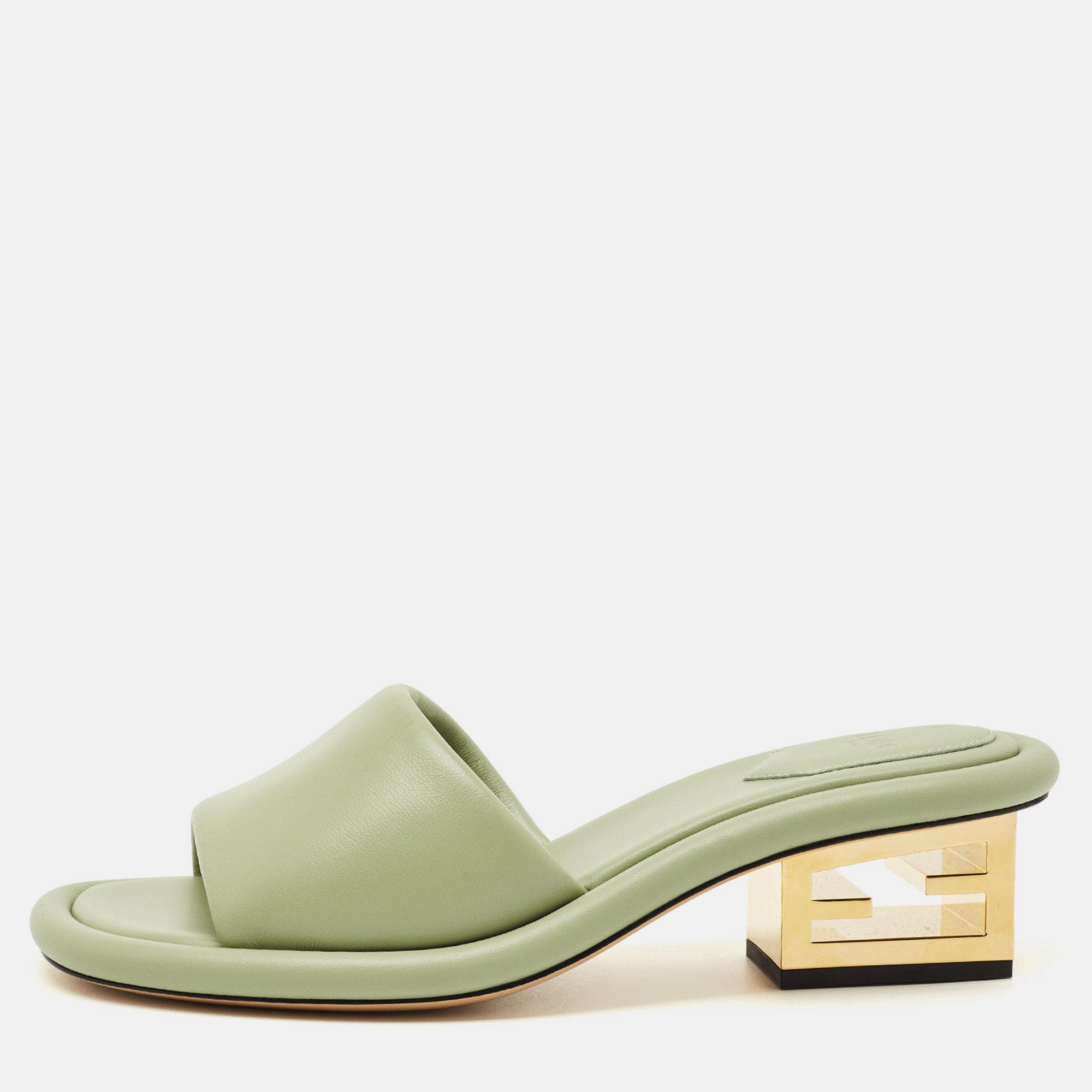 Fendi Green Leather Baguette Heel Slide Sandals Size 38.5, Sandals - Luxury Closet