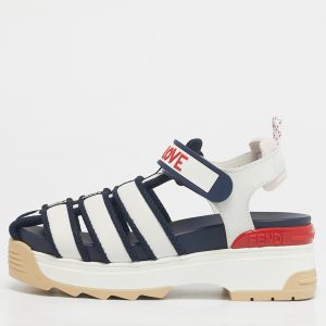 Fendi White/Navy Blue Leather and Mesh T-Rex Platform Sandals Size 36, Sandals - Luxury Closet