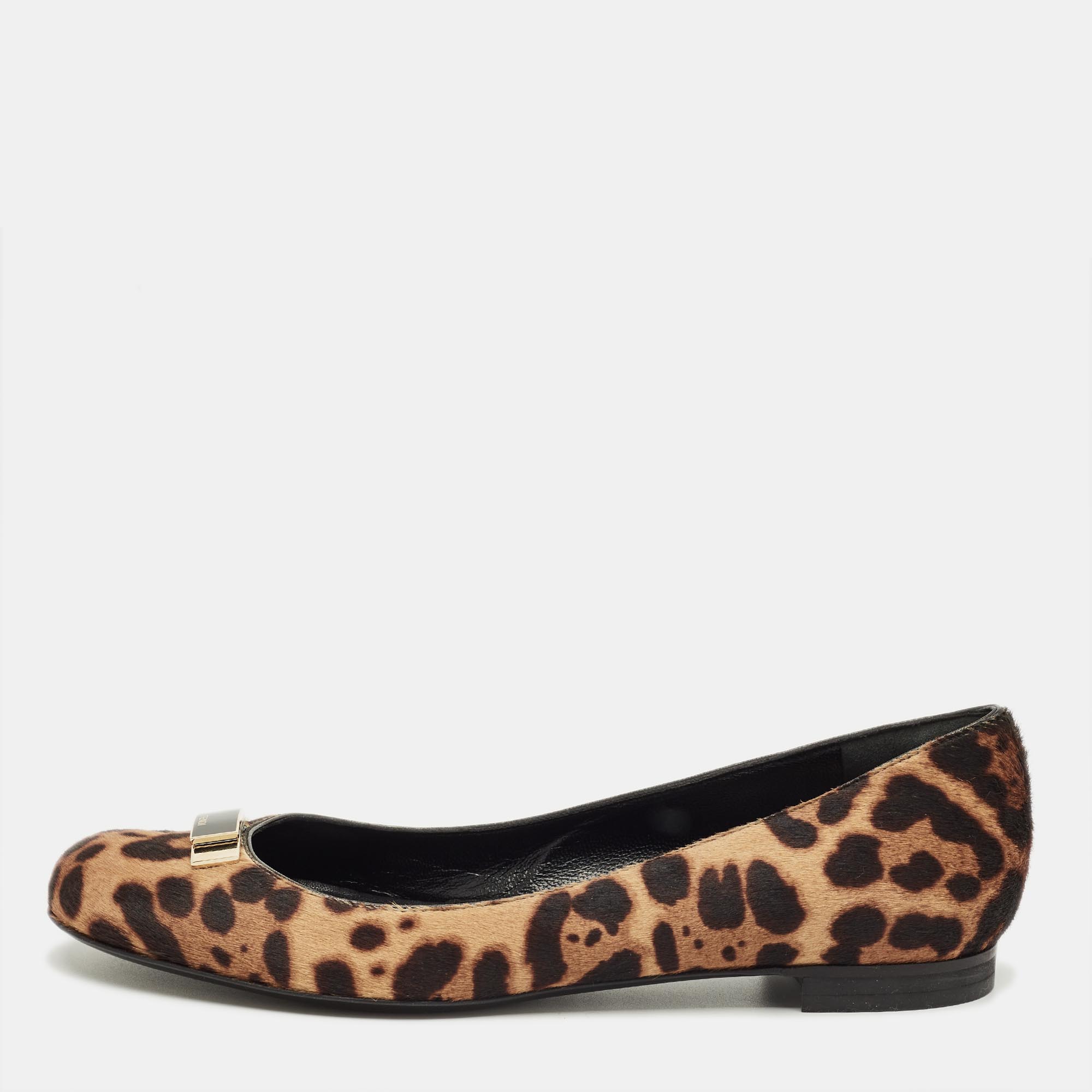 Fendi Black/Brown Leopard Print Calf Hair Bow Ballet Flats Size 39, Flats - Luxury Closet