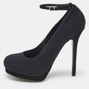Fendi Black Glitter Suede Ankle Strap Platform Pumps Size 40, Pumps - Luxury Closet