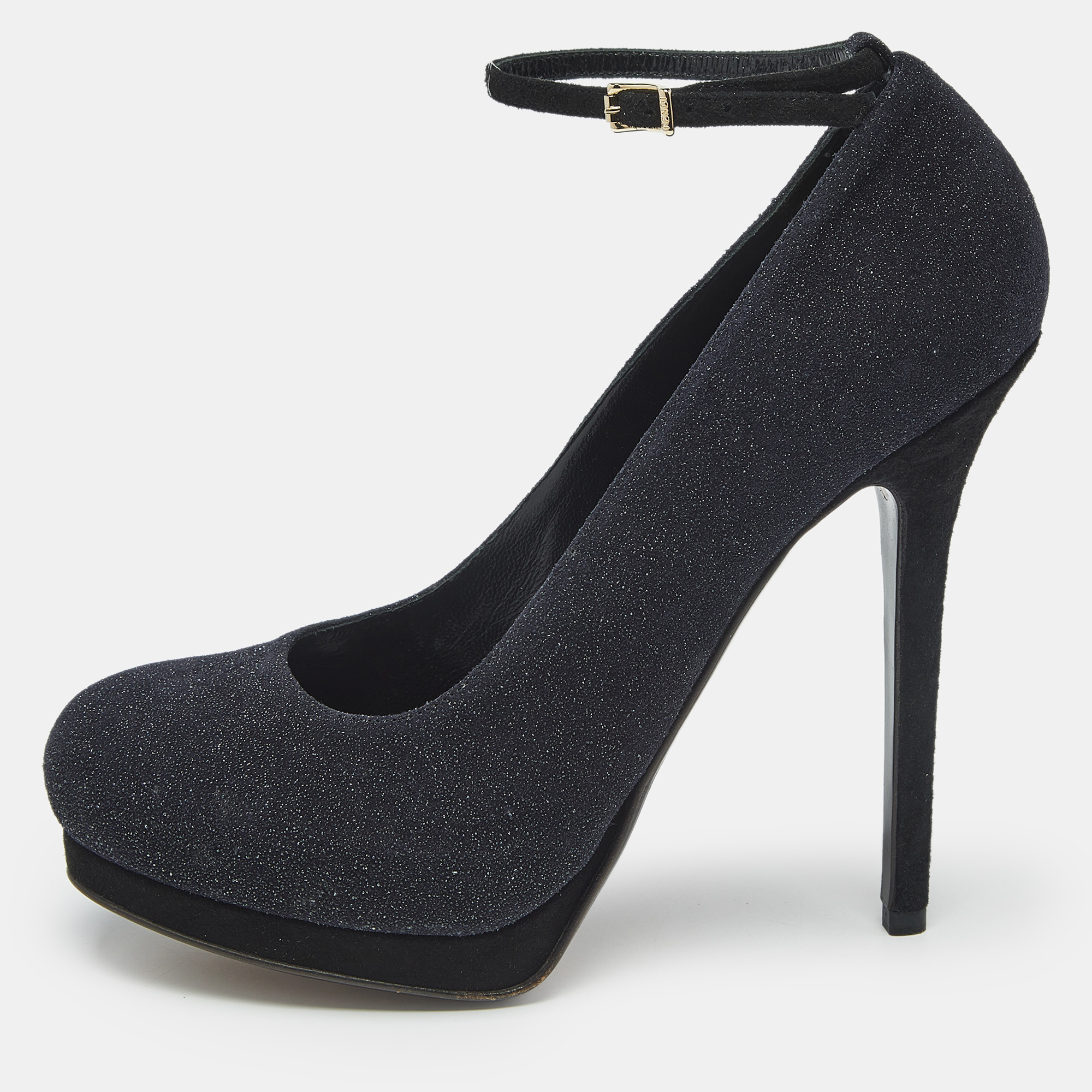 Fendi Black Glitter Suede Ankle Strap Platform Pumps Size 40, Pumps - Luxury Closet