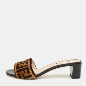 Fendi Brown Velvet FF Logo Zucca Slide Sandals Size 37.5, Sandals - Luxury Closet