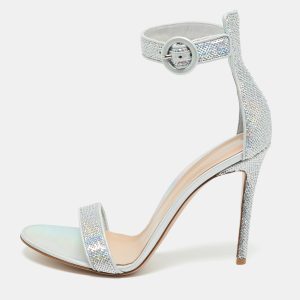 Gianvito Rossi Portofino Size 41.5 Silver Leather and Sequins Ankle Strap Sandals, Sandals - Luxury Closet